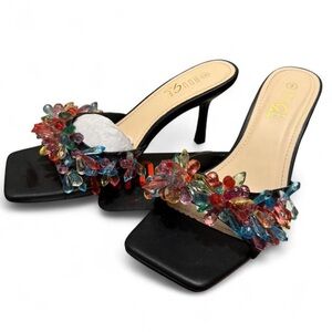 Othr Black Slide Mules with Multicolor Crystal Floral Accents